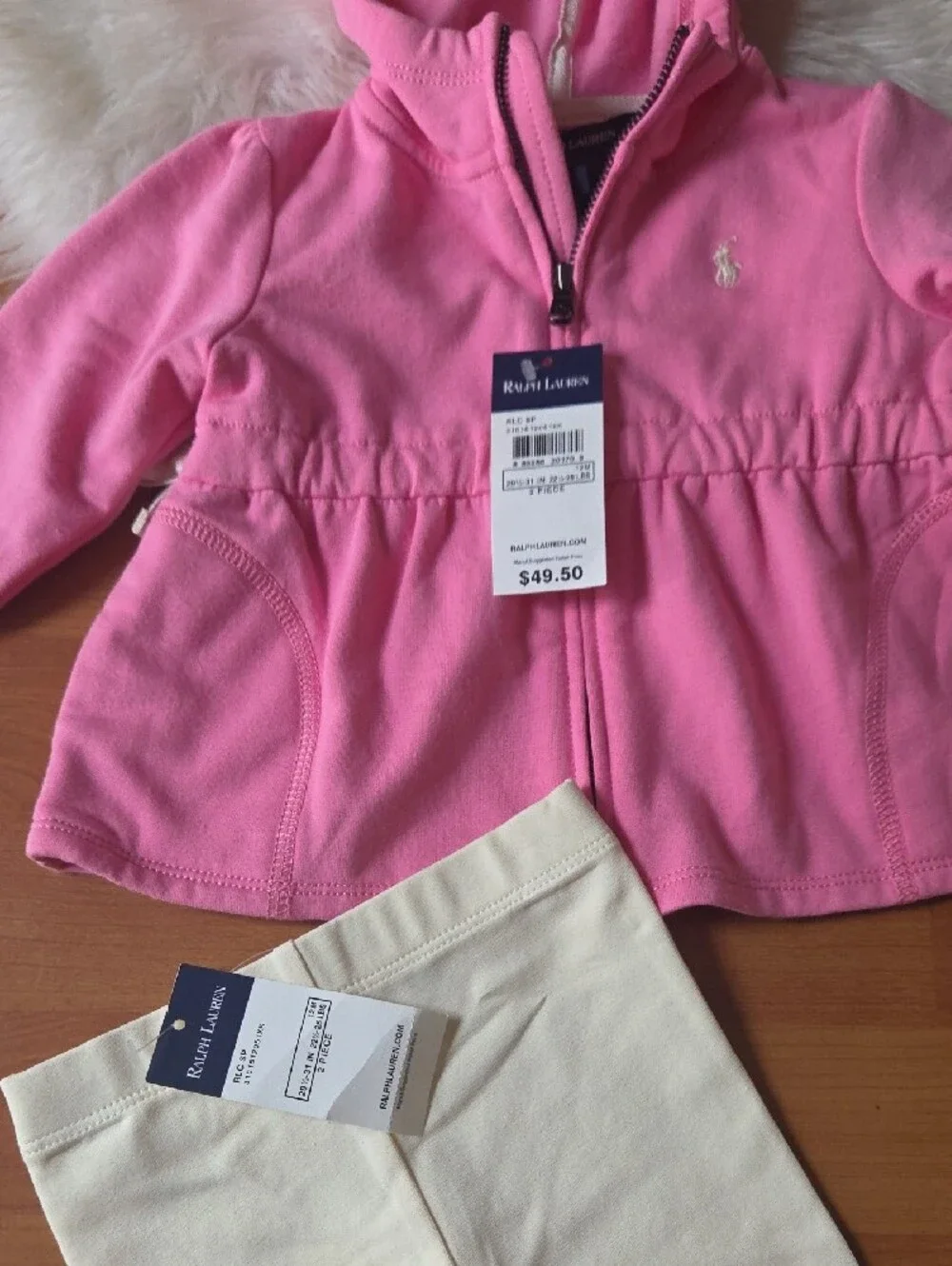 Ralph Lauren Pink Hooded Girls Sweatshirt Jacket with Cream Leggings 12 Months